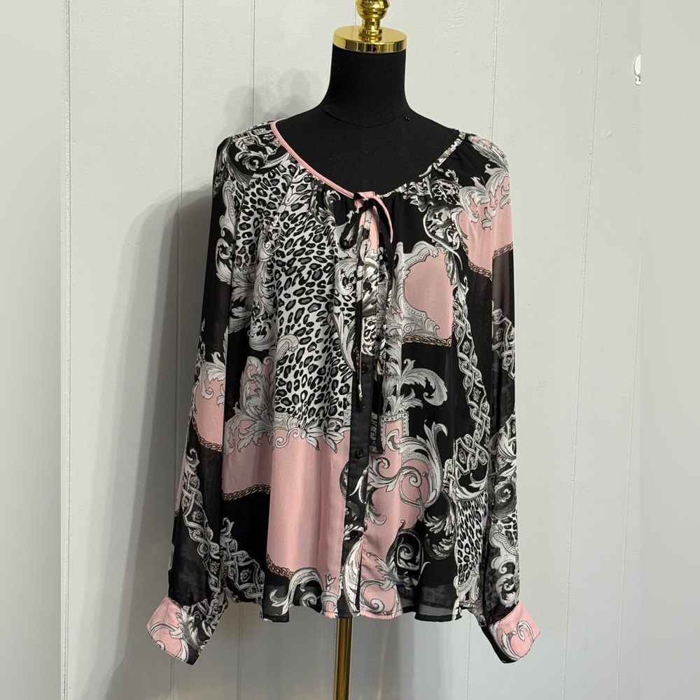 Milano Women's Black and Pink Patterned sheer Blouse